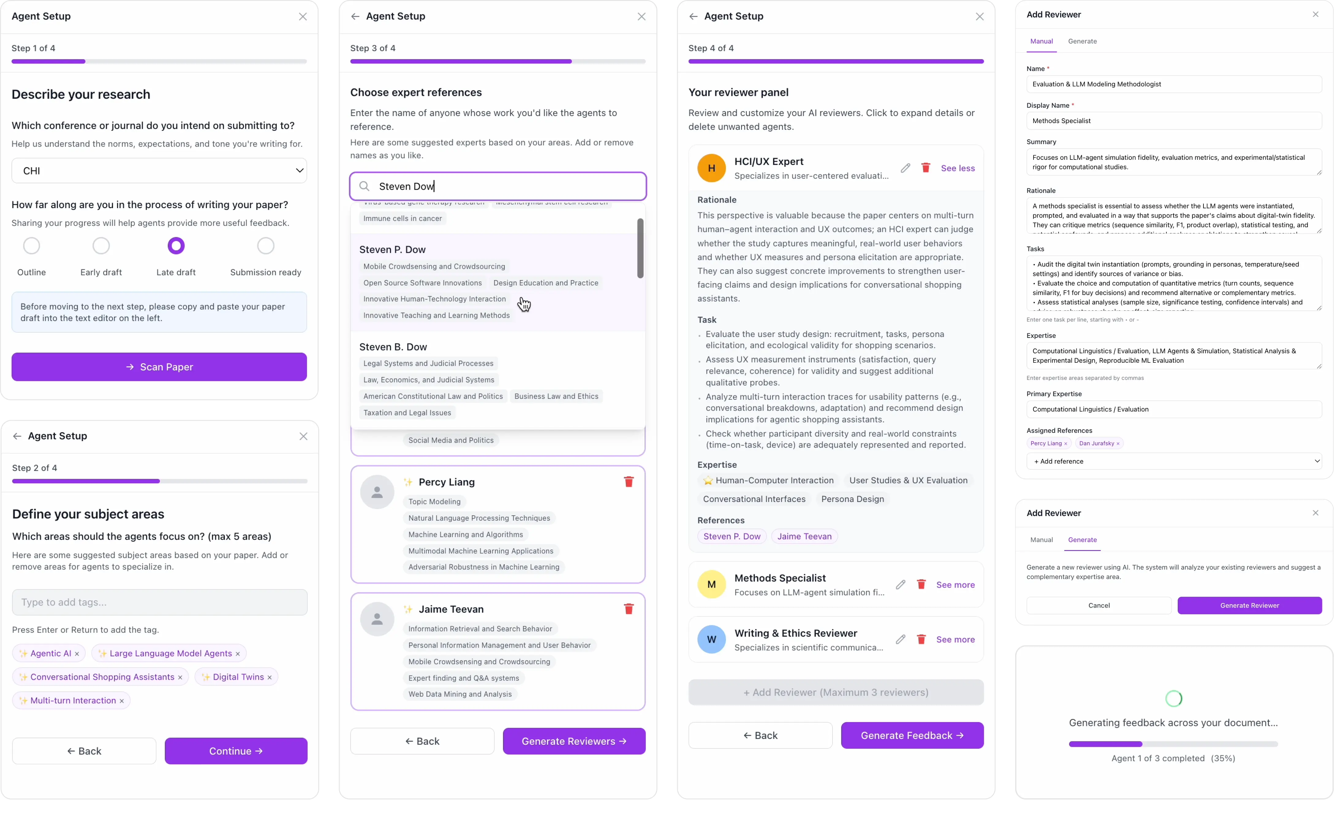 ScienceJury agent panel configuration with suggested subject areas, references, and three customizable reviewer profiles.