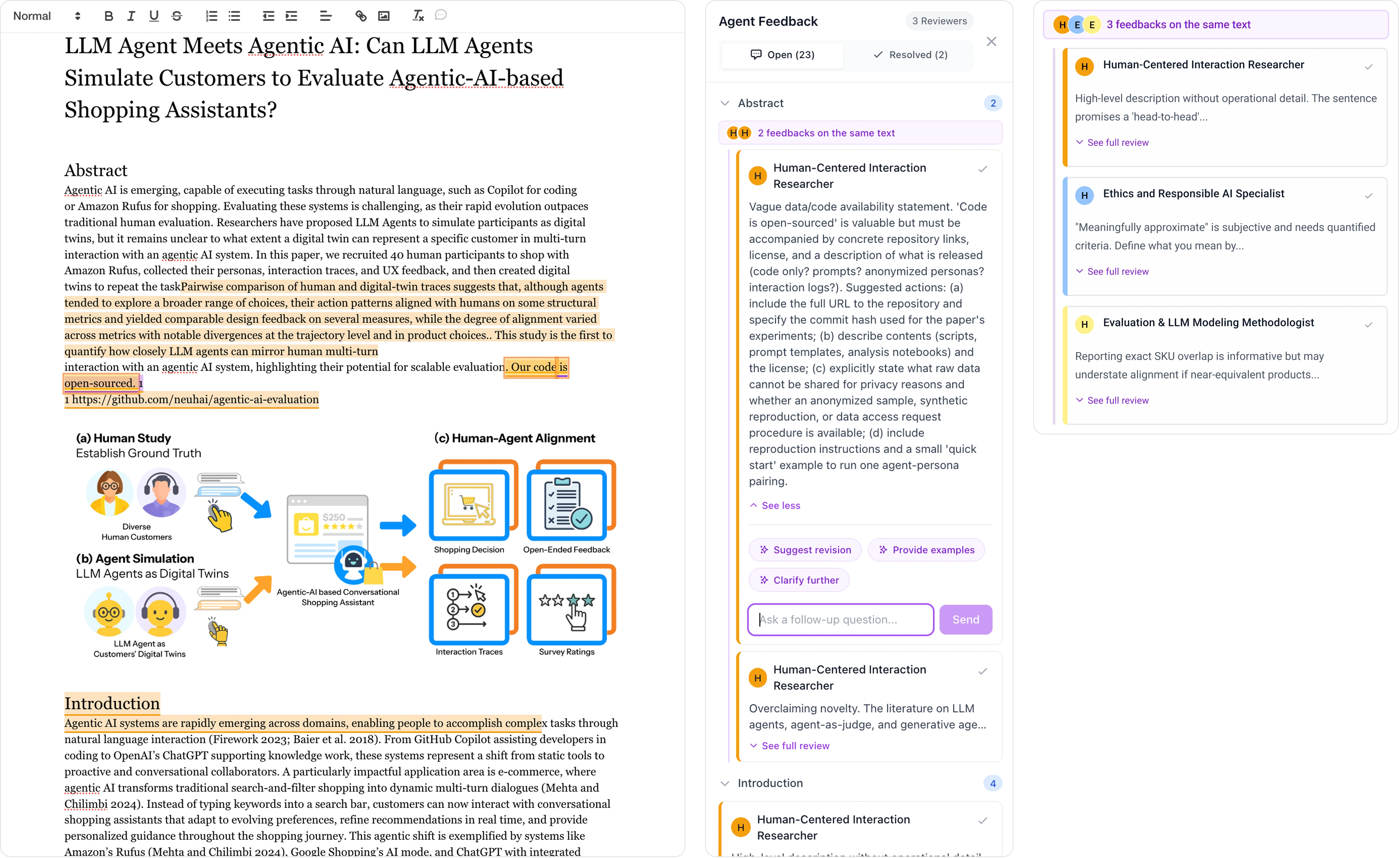 ScienceJury feedback items anchored to document text, color-coded by agent perspective.