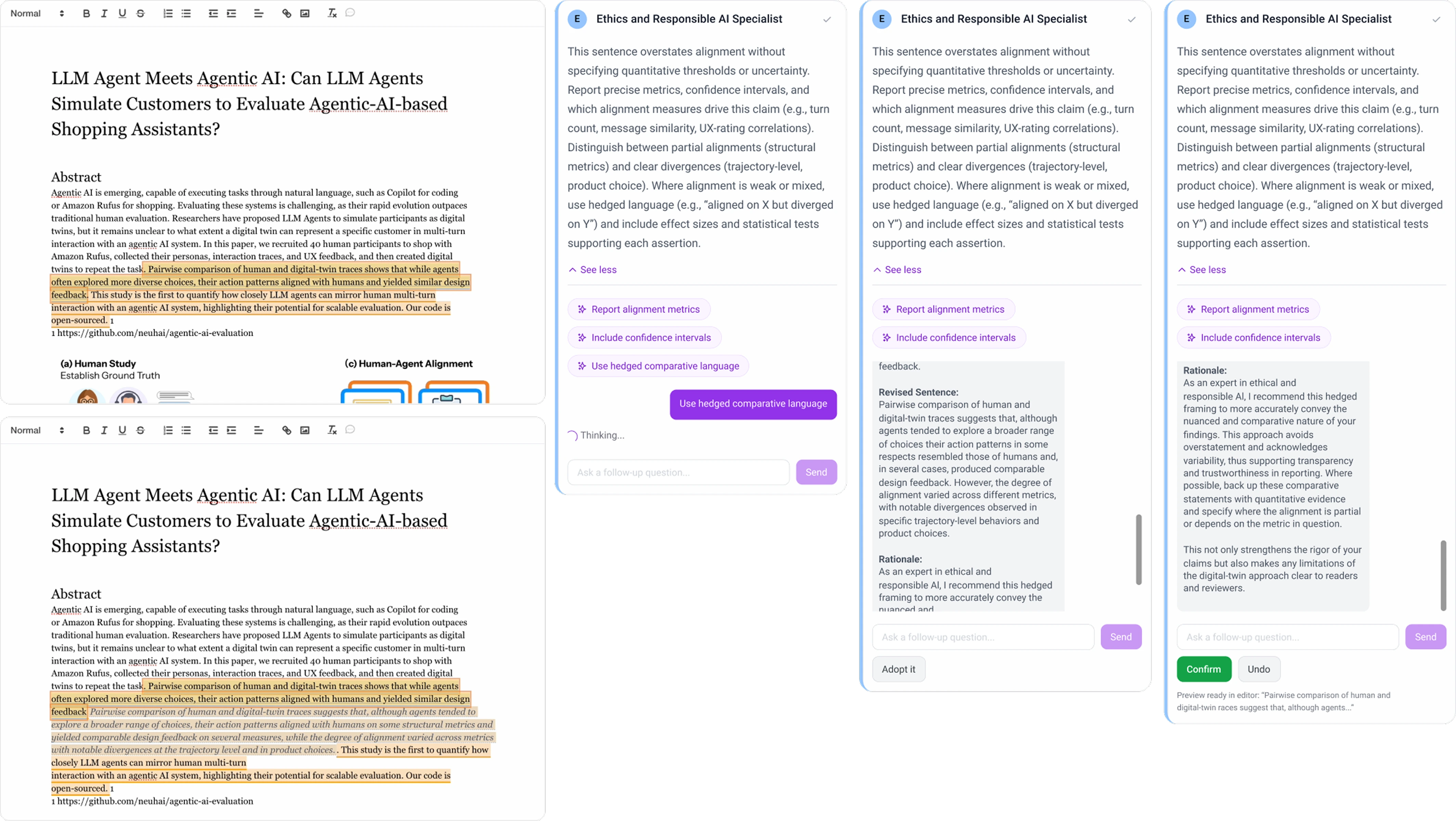 ScienceJury conversation thread with an agent for follow-ups and suggested edits.