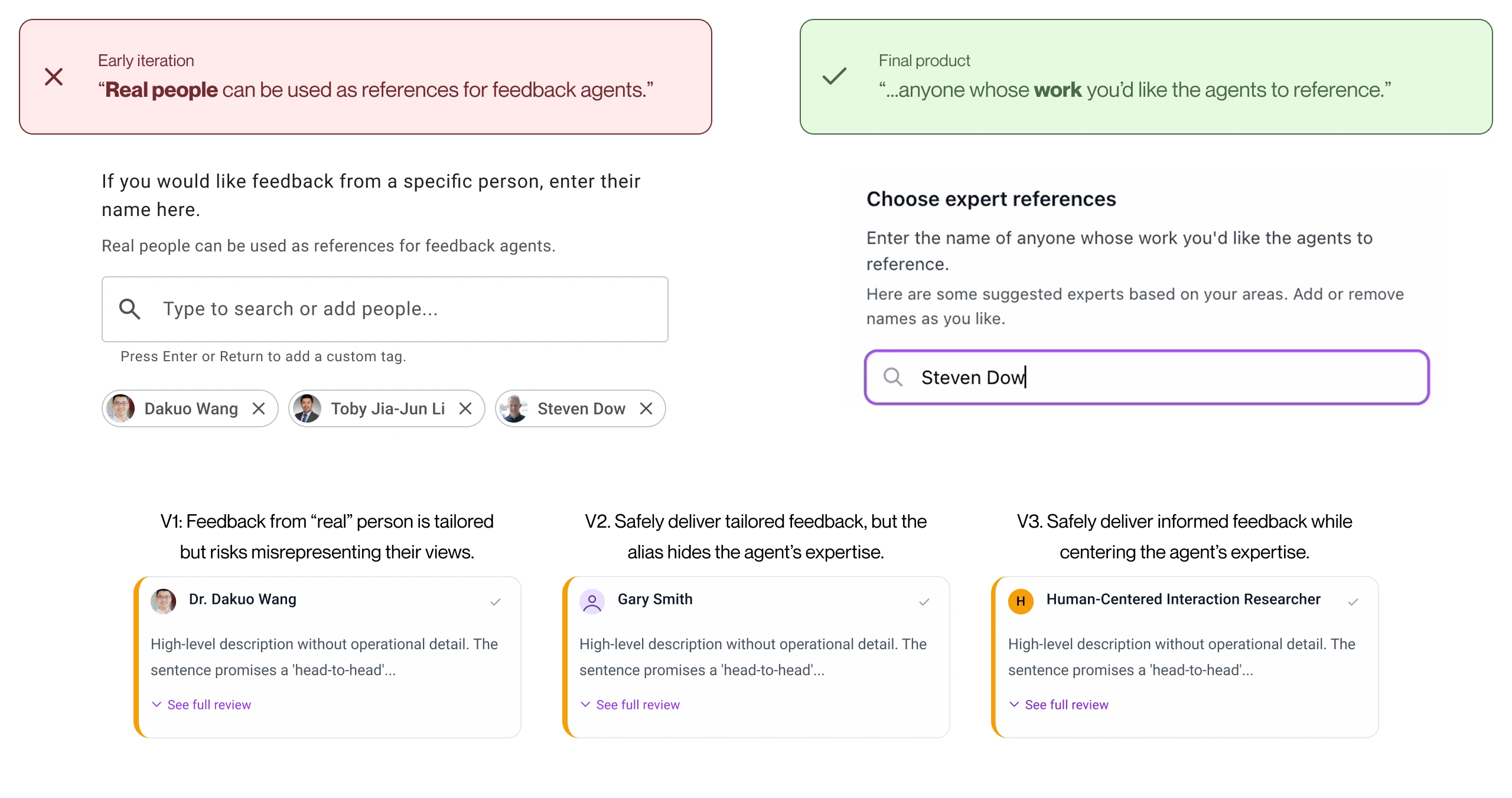 Agent persona detail showing scholar references grounding reviewer profiles.